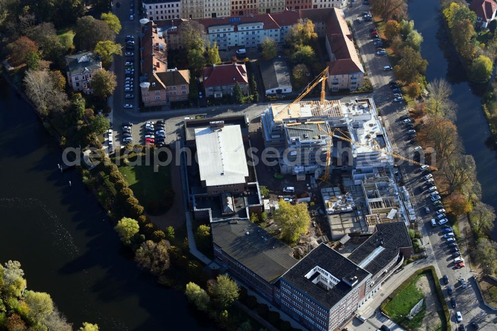 Brandenburg an der Havel from the bird's eye view: Construction site for the multi-family residential building of Wohnen am Stadtbad Brandenburg an der Havel GmbH at Kanalstrasse in Brandenburg an der Havel in the state Brandenburg, Germany