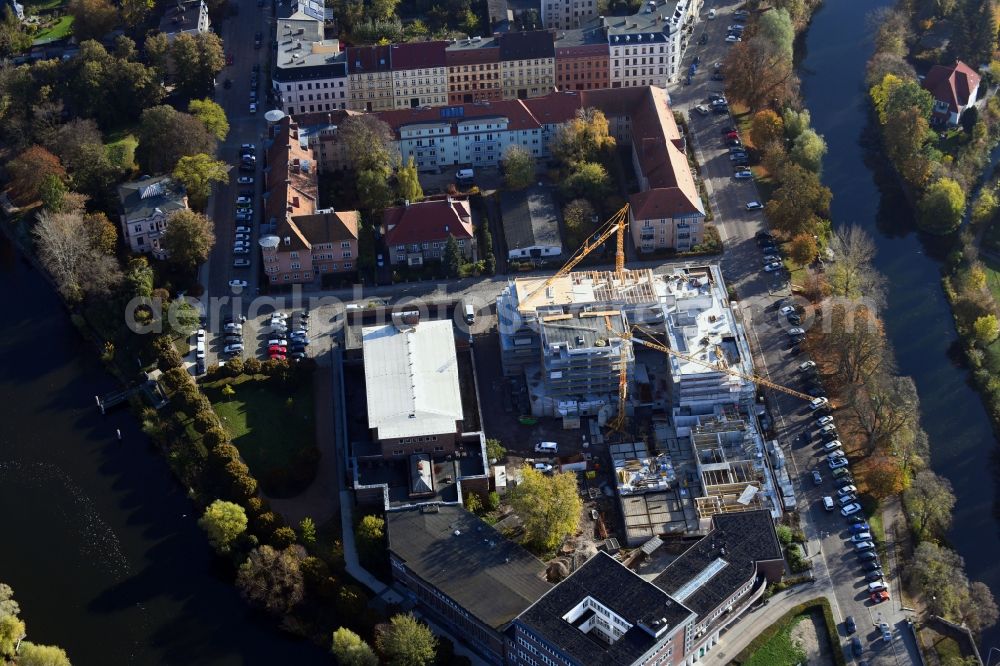 Aerial image Brandenburg an der Havel - Construction site for the multi-family residential building of Wohnen am Stadtbad Brandenburg an der Havel GmbH at Kanalstrasse in Brandenburg an der Havel in the state Brandenburg, Germany