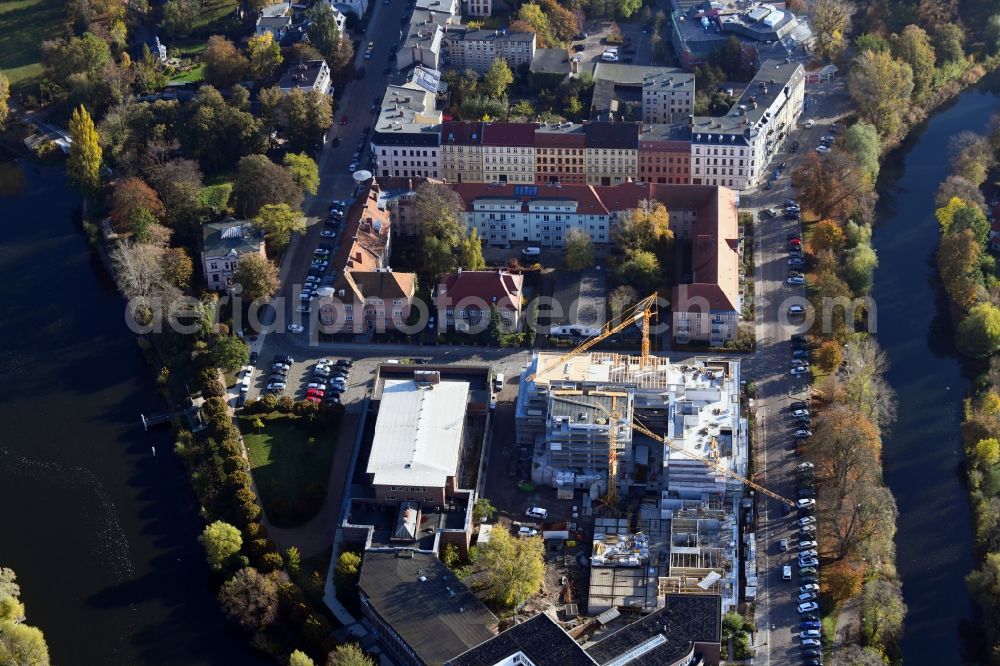 Aerial photograph Brandenburg an der Havel - Construction site for the multi-family residential building of Wohnen am Stadtbad Brandenburg an der Havel GmbH at Kanalstrasse in Brandenburg an der Havel in the state Brandenburg, Germany