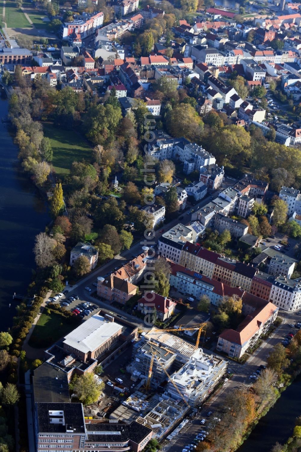 Brandenburg an der Havel from above - Construction site for the multi-family residential building of Wohnen am Stadtbad Brandenburg an der Havel GmbH at Kanalstrasse in Brandenburg an der Havel in the state Brandenburg, Germany