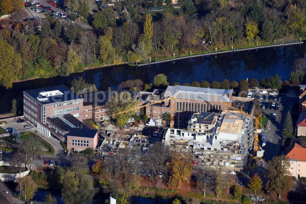 Aerial image Brandenburg an der Havel - Construction site for the multi-family residential building of Wohnen am Stadtbad Brandenburg an der Havel GmbH at Kanalstrasse in Brandenburg an der Havel in the state Brandenburg, Germany