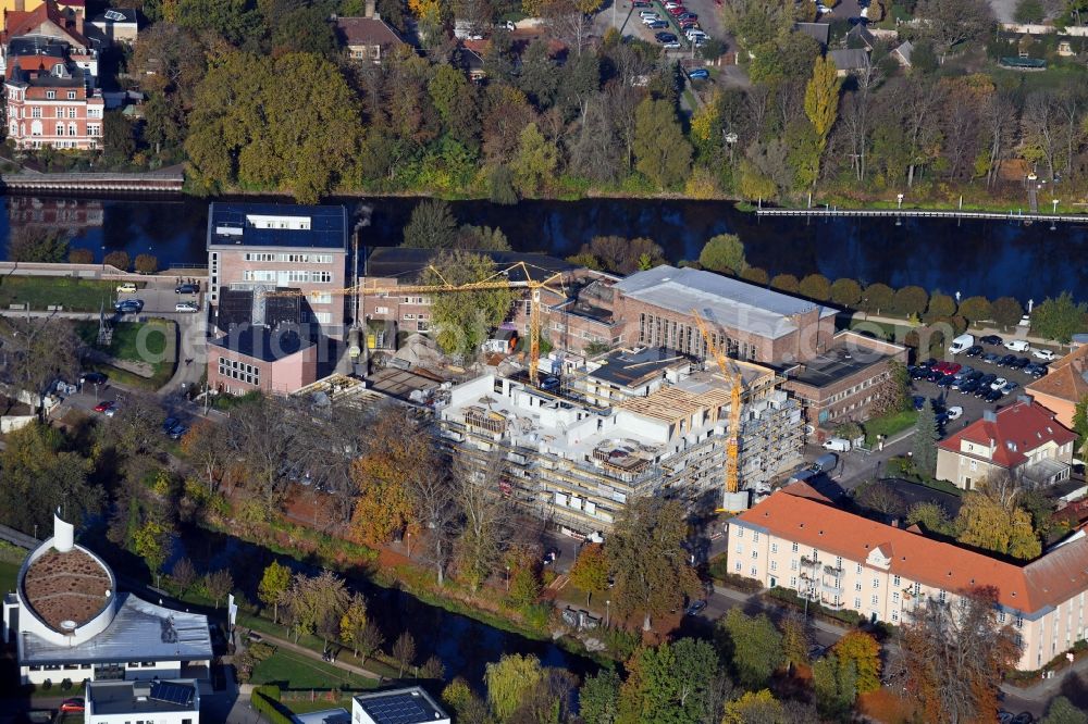 Aerial photograph Brandenburg an der Havel - Construction site for the multi-family residential building of Wohnen am Stadtbad Brandenburg an der Havel GmbH at Kanalstrasse in Brandenburg an der Havel in the state Brandenburg, Germany