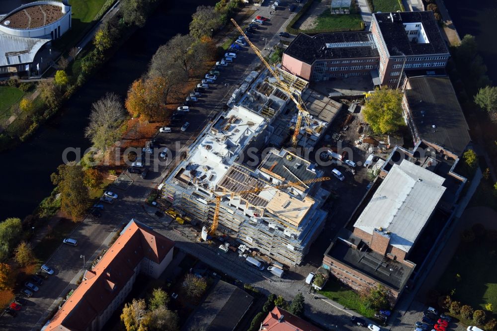 Aerial image Brandenburg an der Havel - Construction site for the multi-family residential building of Wohnen am Stadtbad Brandenburg an der Havel GmbH at Kanalstrasse in Brandenburg an der Havel in the state Brandenburg, Germany