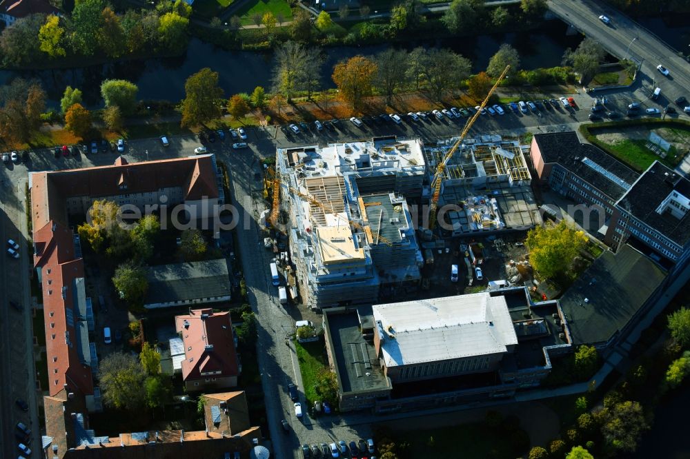 Brandenburg an der Havel from above - Construction site for the multi-family residential building of Wohnen am Stadtbad Brandenburg an der Havel GmbH at Kanalstrasse in Brandenburg an der Havel in the state Brandenburg, Germany