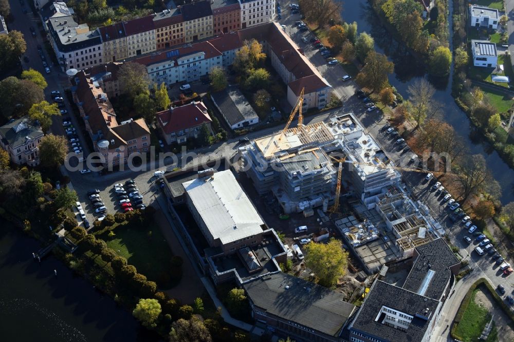 Aerial image Brandenburg an der Havel - Construction site for the multi-family residential building of Wohnen am Stadtbad Brandenburg an der Havel GmbH at Kanalstrasse in Brandenburg an der Havel in the state Brandenburg, Germany