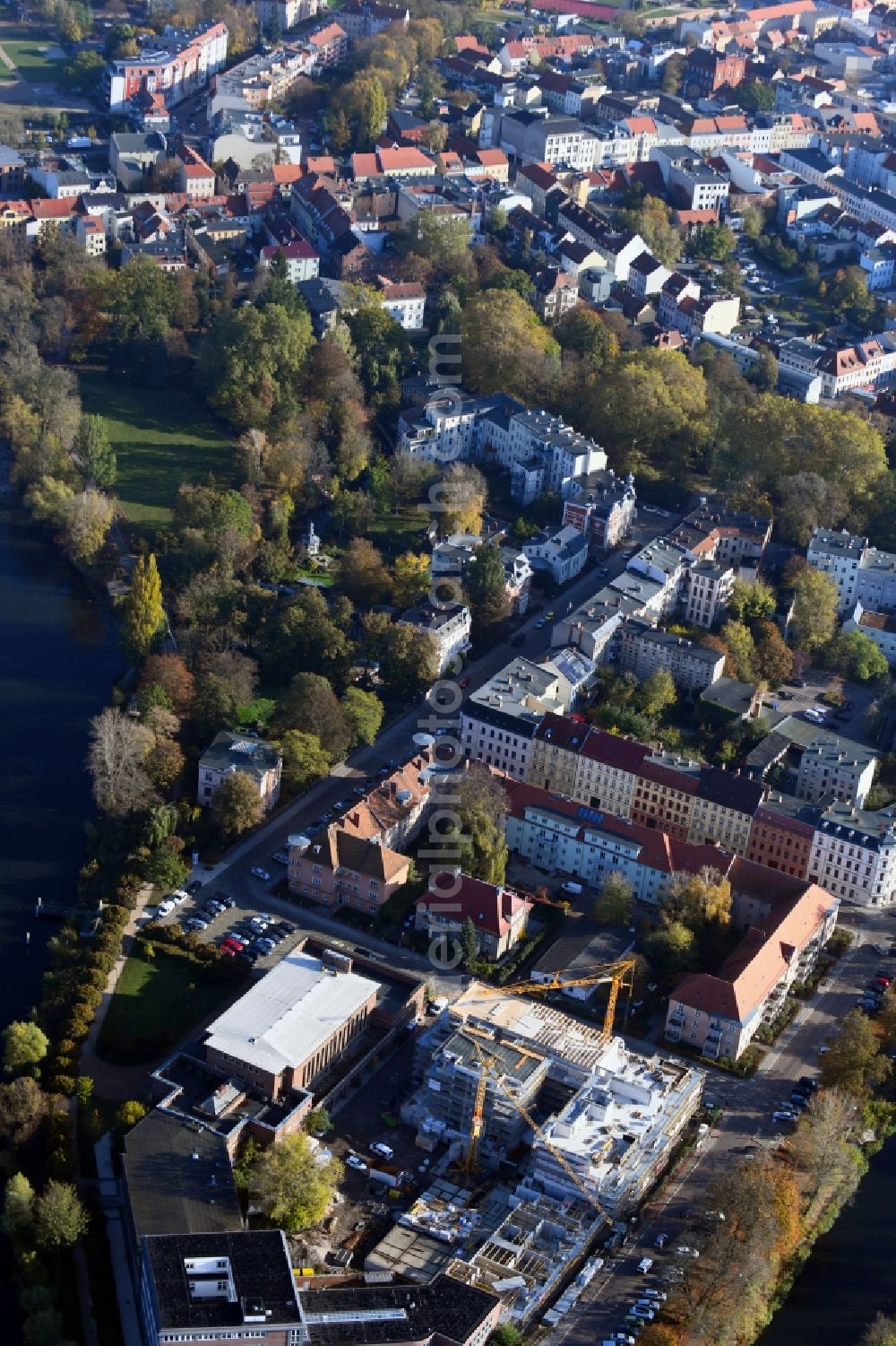 Brandenburg an der Havel from the bird's eye view: Construction site for the multi-family residential building of Wohnen am Stadtbad Brandenburg an der Havel GmbH at Kanalstrasse in Brandenburg an der Havel in the state Brandenburg, Germany