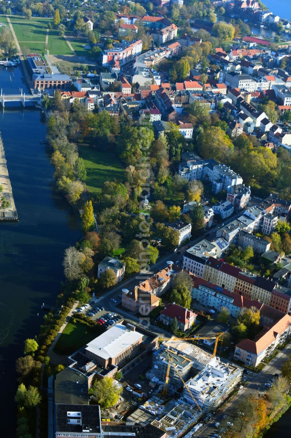 Aerial image Brandenburg an der Havel - Construction site for the multi-family residential building of Wohnen am Stadtbad Brandenburg an der Havel GmbH at Kanalstrasse in Brandenburg an der Havel in the state Brandenburg, Germany