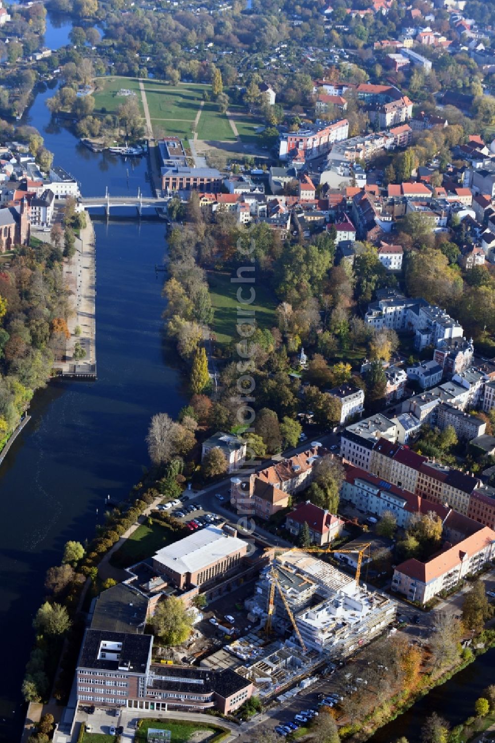 Aerial photograph Brandenburg an der Havel - Construction site for the multi-family residential building of Wohnen am Stadtbad Brandenburg an der Havel GmbH at Kanalstrasse in Brandenburg an der Havel in the state Brandenburg, Germany