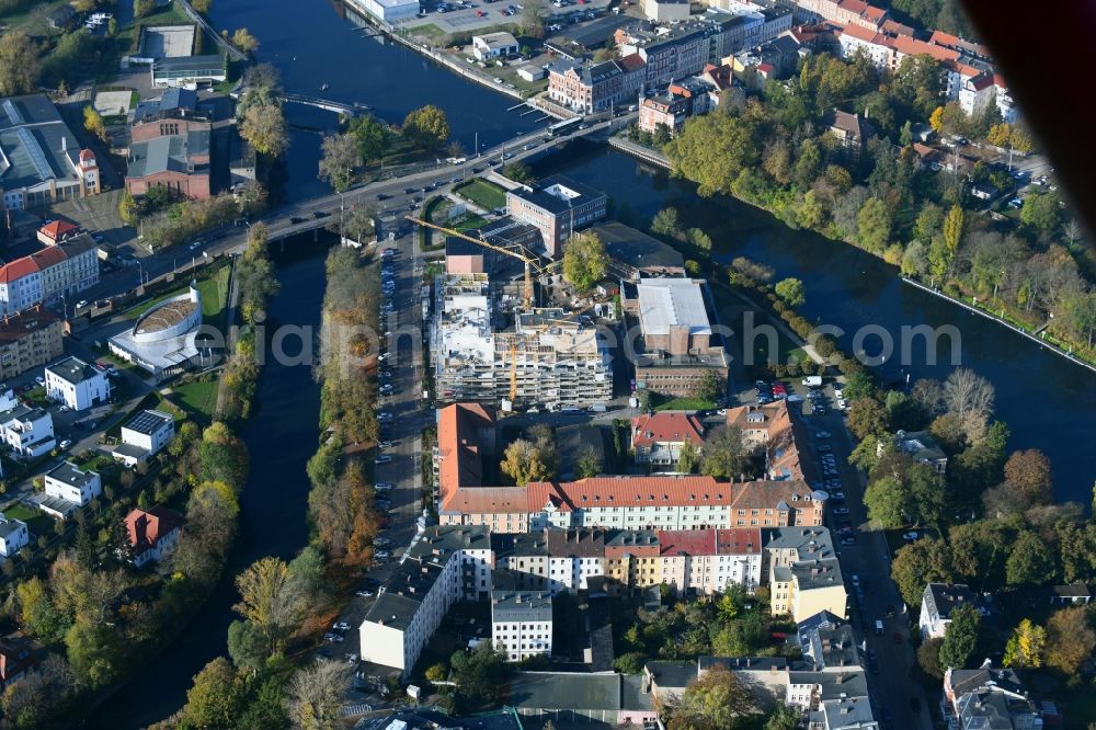 Brandenburg an der Havel from above - Construction site for the multi-family residential building of Wohnen am Stadtbad Brandenburg an der Havel GmbH at Kanalstrasse in Brandenburg an der Havel in the state Brandenburg, Germany