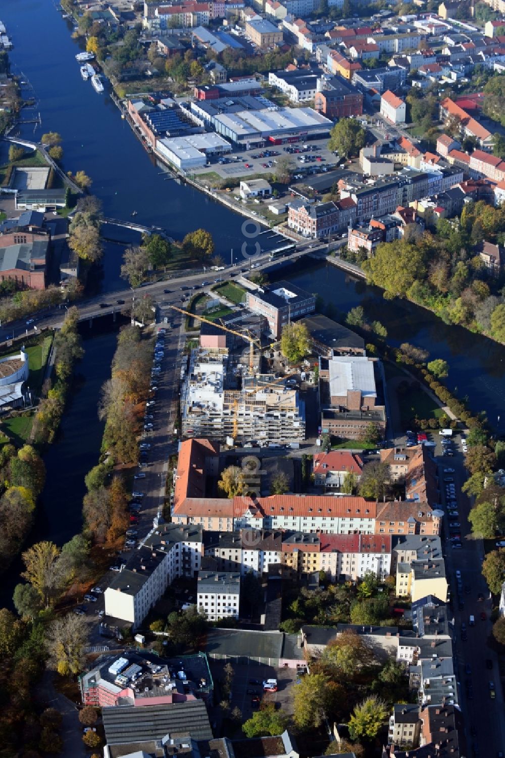 Brandenburg an der Havel from the bird's eye view: Construction site for the multi-family residential building of Wohnen am Stadtbad Brandenburg an der Havel GmbH at Kanalstrasse in Brandenburg an der Havel in the state Brandenburg, Germany