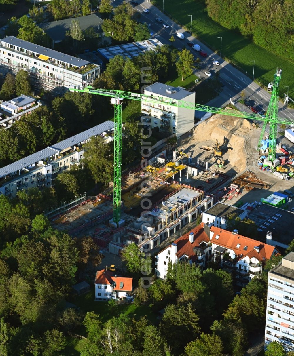 München from above - Construction site for the multi-family residential building on Wolfratshauser Strasse in the district Obersendling in Munich in the state Bavaria, Germany