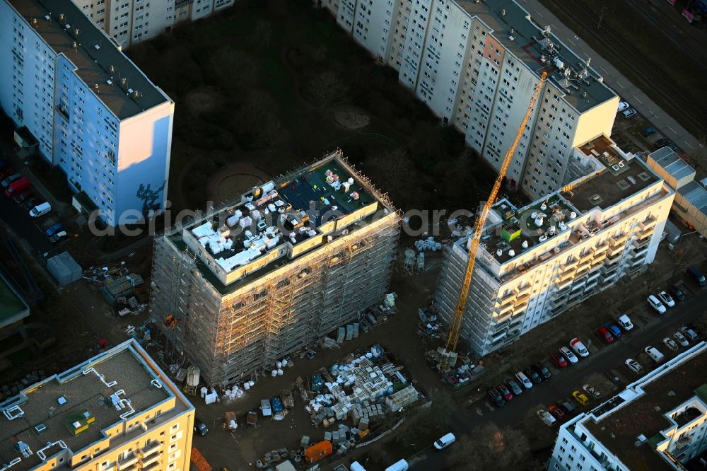 Berlin from above - Construction site for the multi-family residential building Zossener Strasse corner Mittenwalder Strasse in the district Hellersdorf in Berlin, Germany