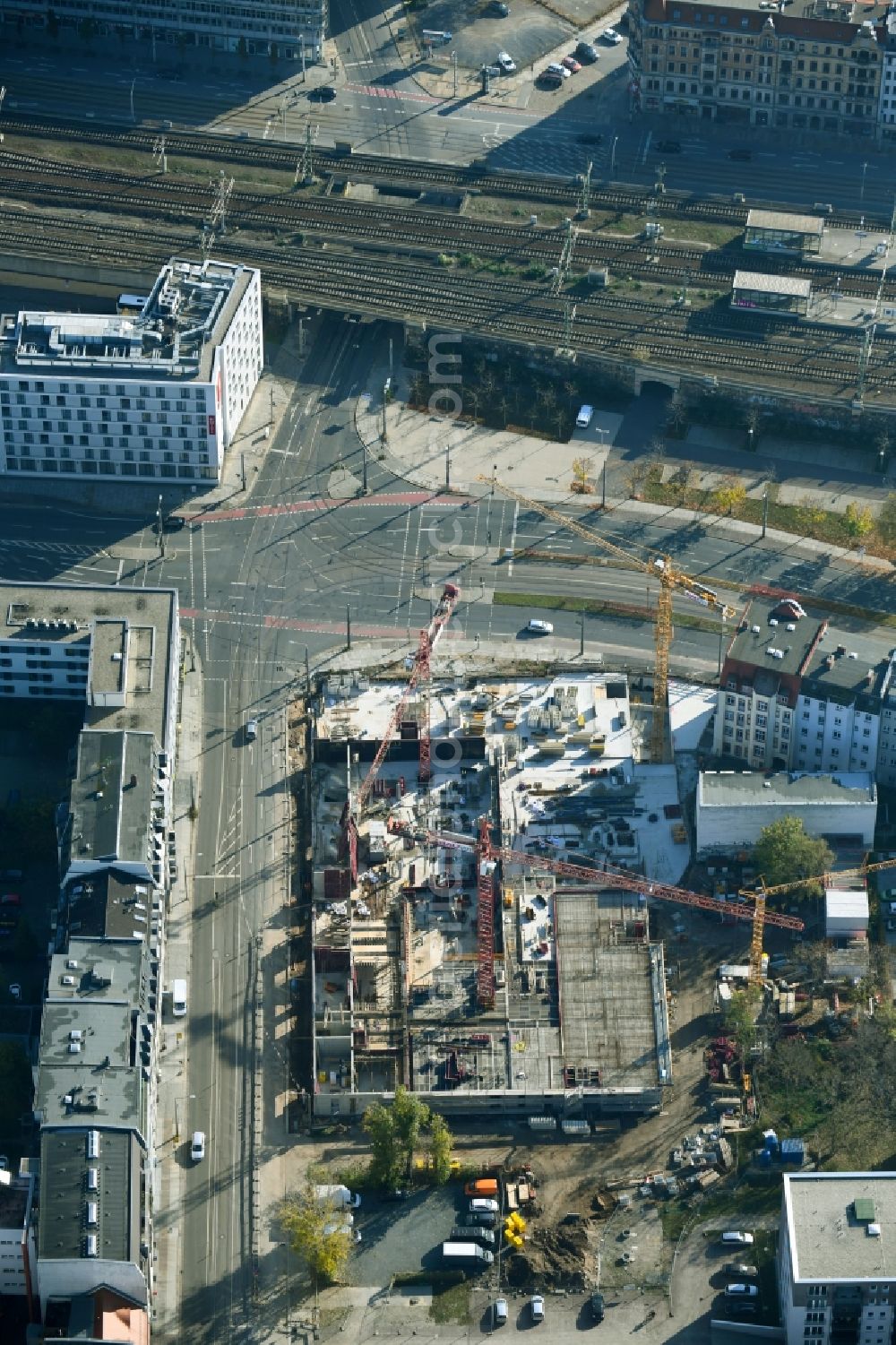 Dresden from above - Construction site for the multi-family residential building between Friedrichstrasse and Weisseritzstrasse in the district Friedrichstadt in Dresden in the state Saxony, Germany