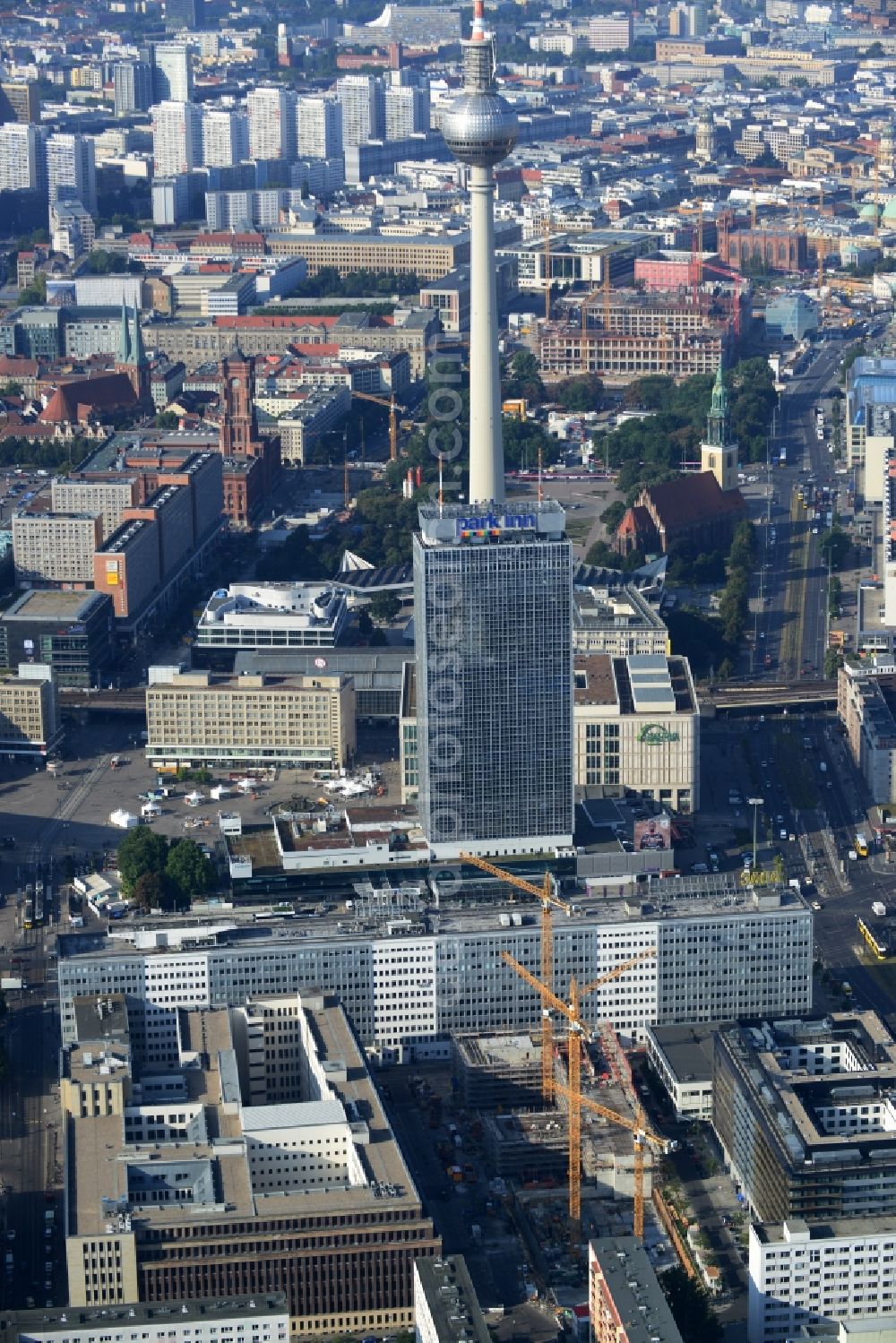 Berlin Mitte from above - Construction site for the new construction of residential district at Alexanderplatz in Berlin