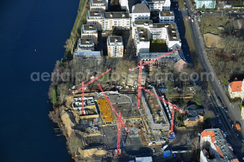 Aerial photograph Berlin Köpenick - Construction site for new residential construction of RESIDENTIAL QUARTER UFERKRONE at the riverside at Linden Street in Berlin Koepenick