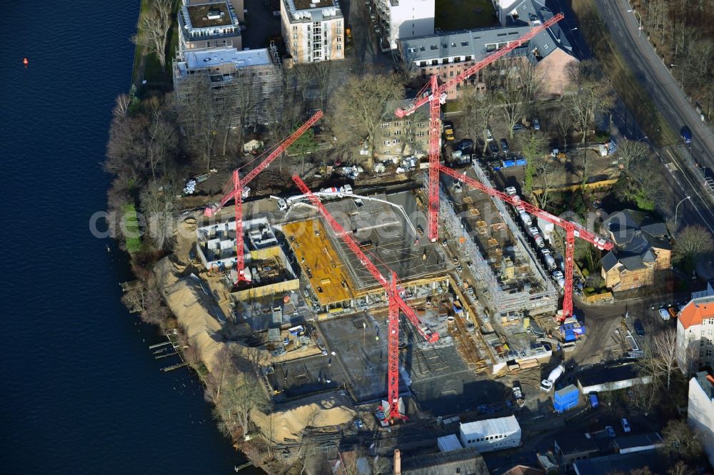 Berlin Köpenick from above - Construction site for new residential construction of RESIDENTIAL QUARTER UFERKRONE at the riverside at Linden Street in Berlin Koepenick