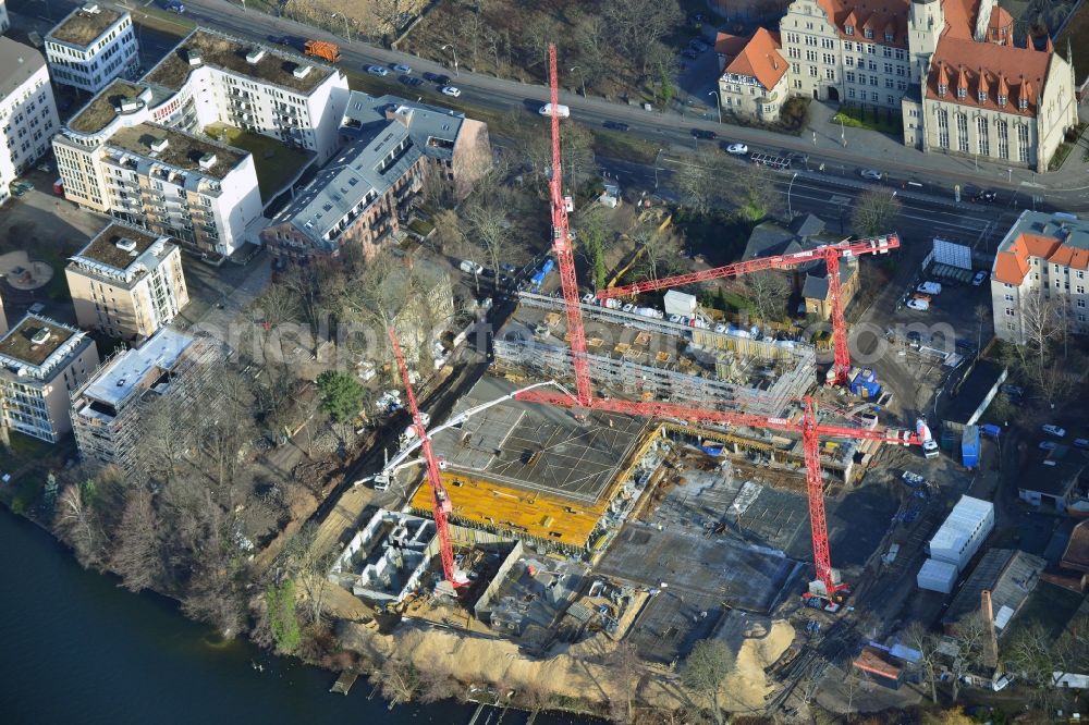 Berlin Köpenick from above - Construction site for new residential construction of RESIDENTIAL QUARTER UFERKRONE at the riverside at Linden Street in Berlin Koepenick