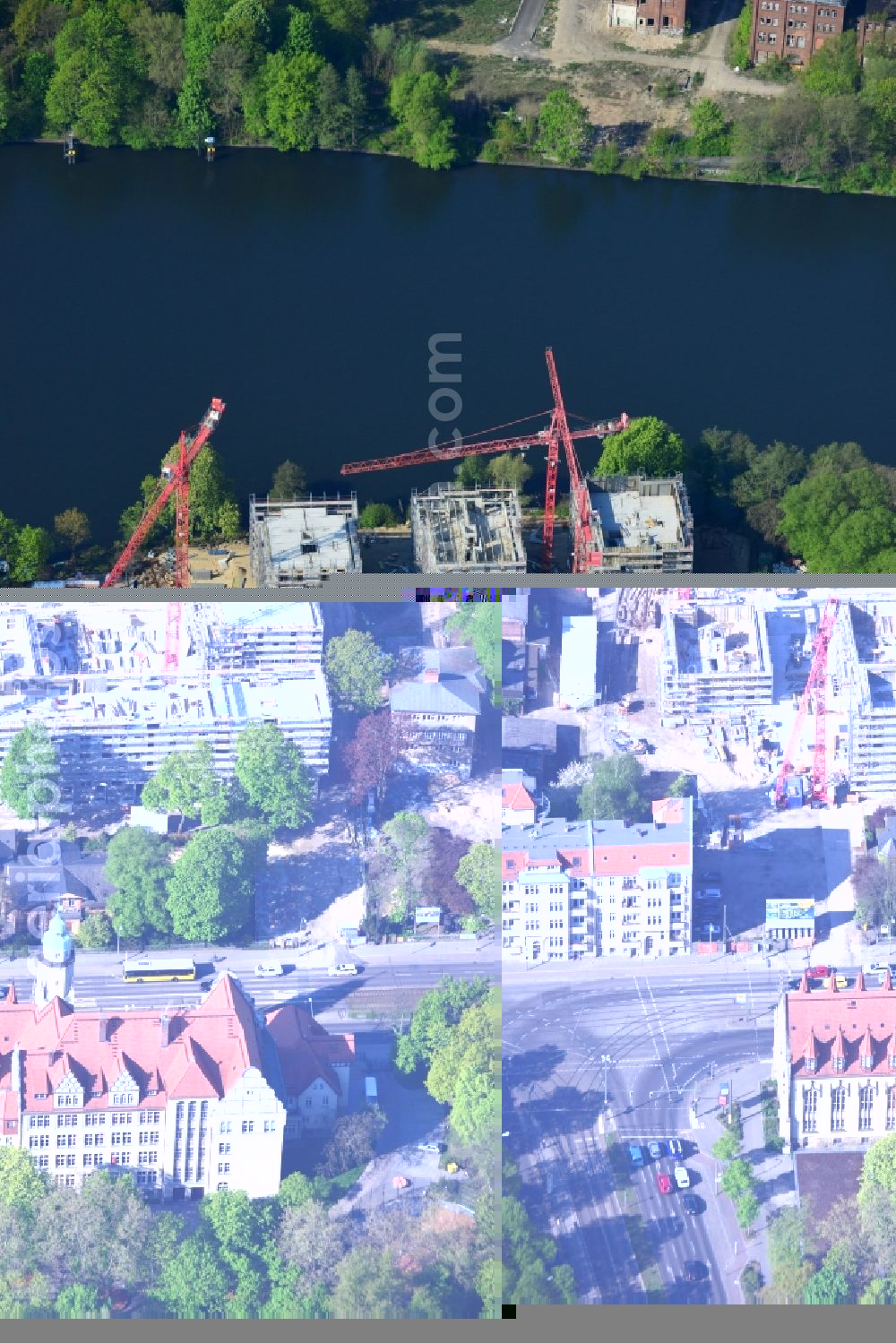 Berlin from above - Construction site for new residential construction of RESIDENTIAL QUARTER UFERKRONE at the riverside at Linden Street in Berlin Koepenick