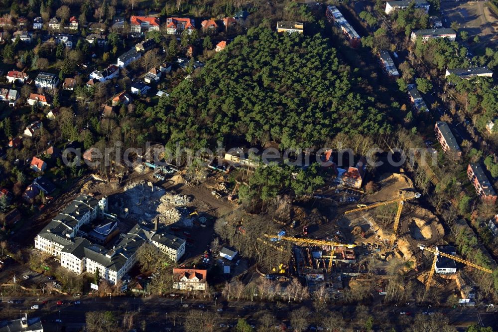 Berlin OT Dahlem from the bird's eye view: Construction site for a residential area in Clayallee in the district of Steglitz-Zehlendorf in Berlin. The project is located on site of the former orthopedics clinic and home. The project is run by OHA Projektentwicklungsgesellschaft