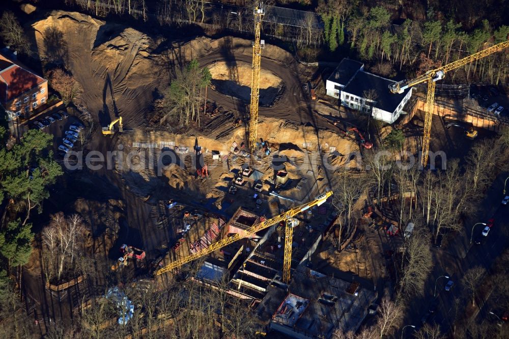 Aerial image Berlin OT Dahlem - Construction site for a residential area in Clayallee in the district of Steglitz-Zehlendorf in Berlin. The project is located on site of the former orthopedics clinic and home. The project is run by OHA Projektentwicklungsgesellschaft