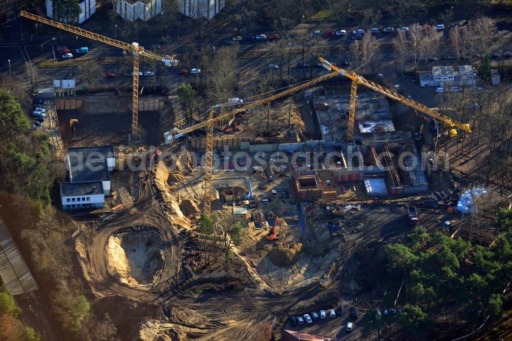 Berlin OT Dahlem from the bird's eye view: Construction site for a residential area in Clayallee in the district of Steglitz-Zehlendorf in Berlin. The project is located on site of the former orthopedics clinic and home. The project is run by OHA Projektentwicklungsgesellschaft