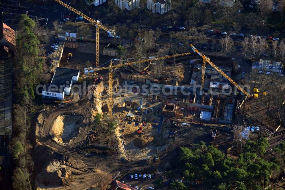 Aerial image Berlin OT Dahlem - Construction site for a residential area in Clayallee in the district of Steglitz-Zehlendorf in Berlin. The project is located on site of the former orthopedics clinic and home. The project is run by OHA Projektentwicklungsgesellschaft