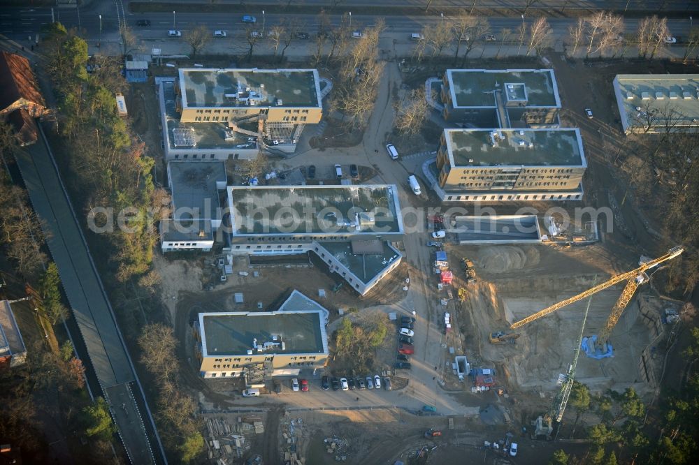 Berlin , Dahlem from above - Construction site for a residential area in Clayallee in the district of Steglitz-Zehlendorf in Berlin. The project is located on site of the former orthopedics clinic and home. The project is run by OHA Projektentwicklungsgesellschaft