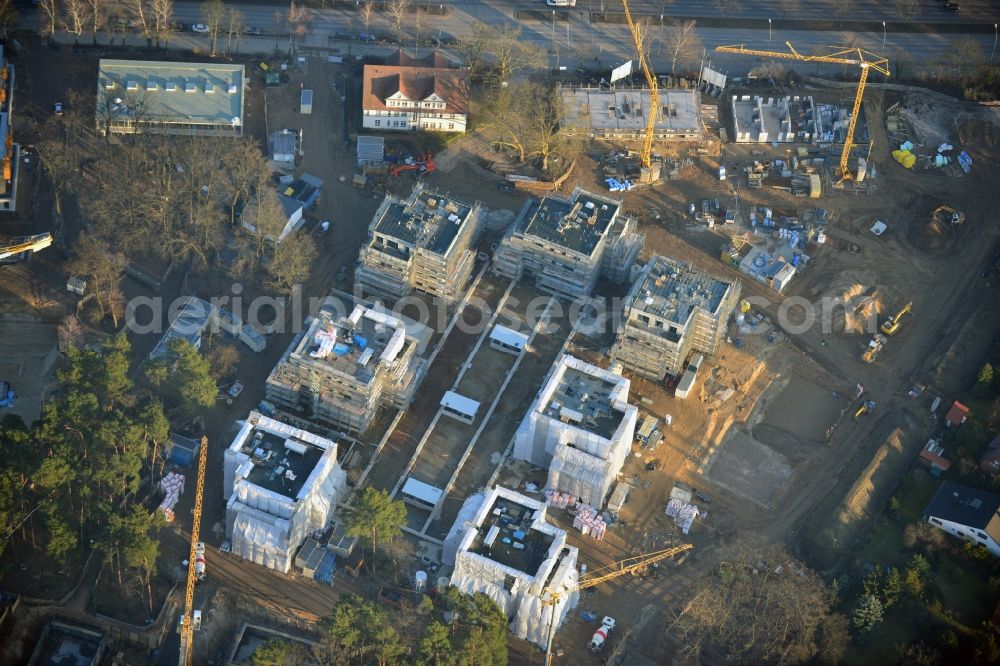 Aerial photograph Berlin , Dahlem - Construction site for a residential area in Clayallee in the district of Steglitz-Zehlendorf in Berlin. The project is located on site of the former orthopedics clinic and home. The project is run by OHA Projektentwicklungsgesellschaft