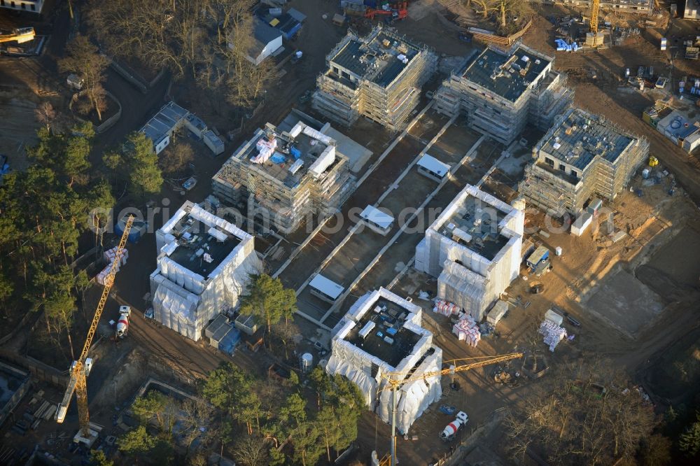 Aerial photograph Berlin , Dahlem - Construction site for a residential area in Clayallee in the district of Steglitz-Zehlendorf in Berlin. The project is located on site of the former orthopedics clinic and home. The project is run by OHA Projektentwicklungsgesellschaft