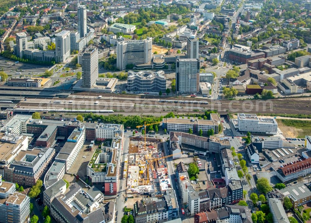 Essen from the bird's eye view: New construction site the residential area a?? BelleVie a?? of Arsatec GmbH by Dressler Bau and Fischer Architekten GmbH in Essen in the state North Rhine-Westphalia