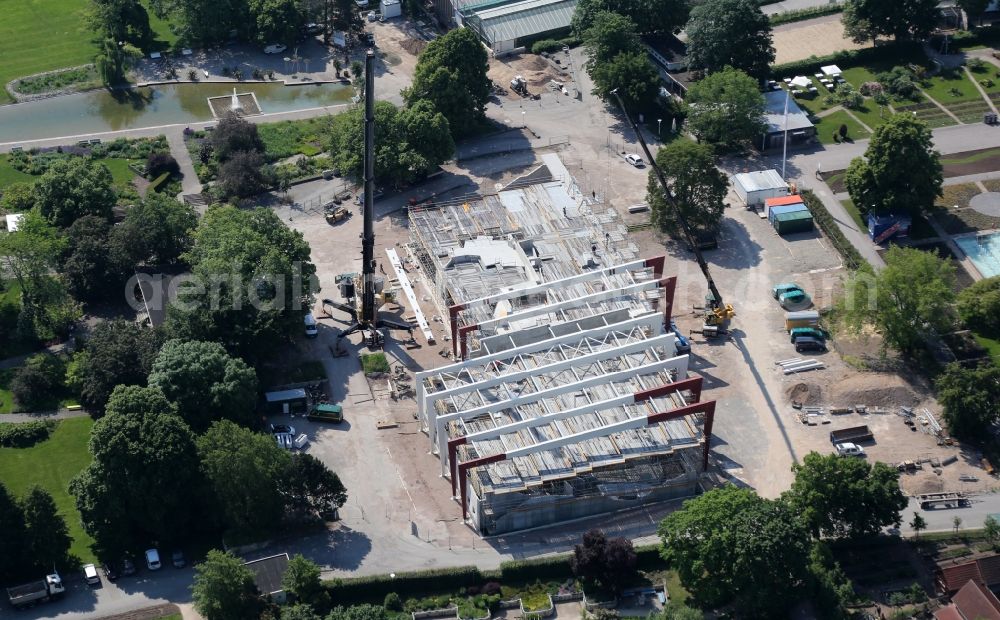 Erfurt from the bird's eye view: Construction site for the new building of Wuesten- and Urwaldhaus Danakil in egapark in the district Hochheim in Erfurt in the state Thuringia, Germany