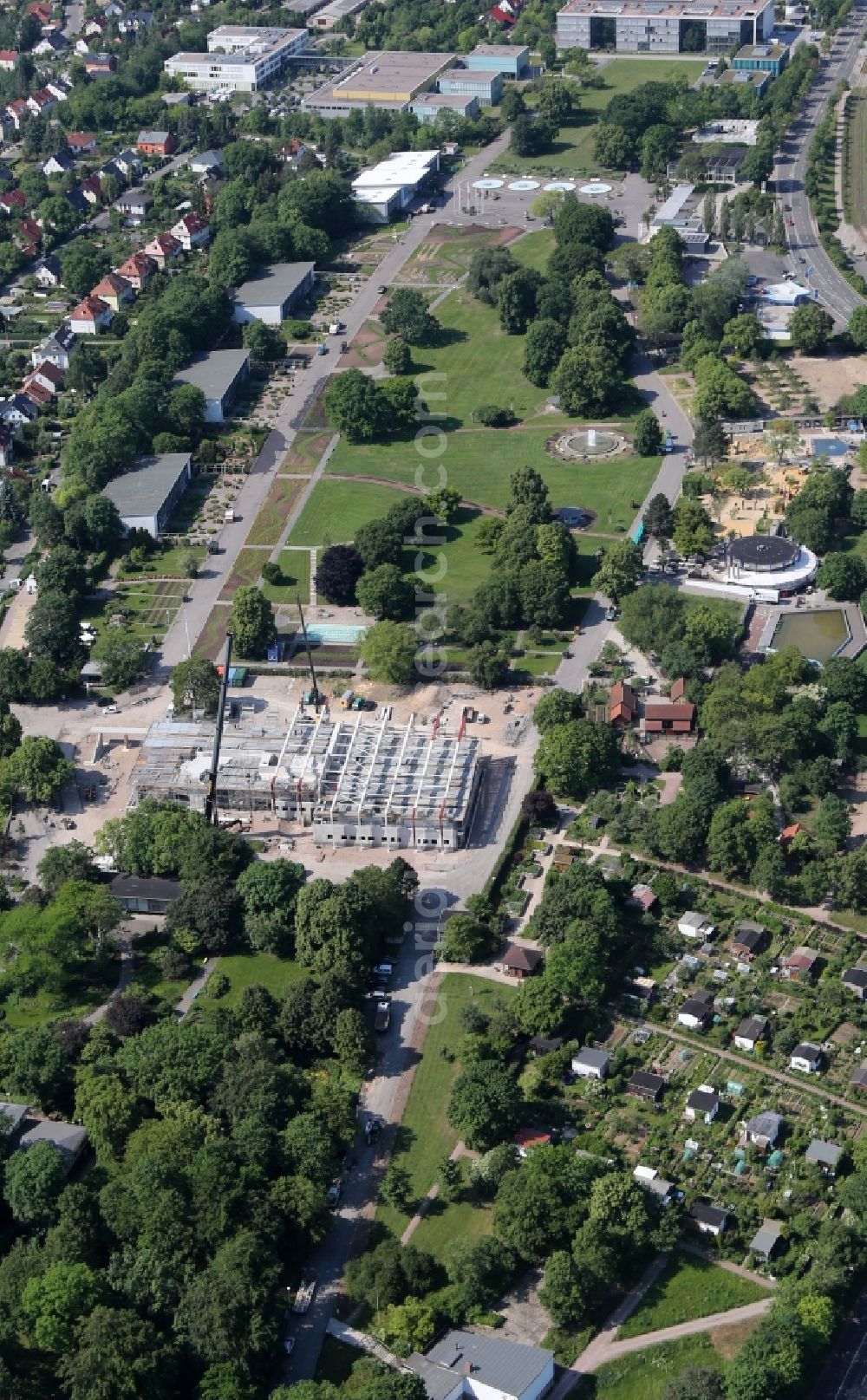 Aerial photograph Erfurt - Construction site for the new building of Wuesten- and Urwaldhaus Danakil in egapark in the district Hochheim in Erfurt in the state Thuringia, Germany