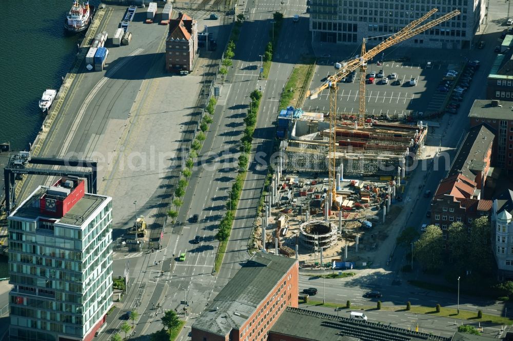 Kiel from above - Construction site for the new building of Zentralen Omnibusbahnhof on Kaistrasse in Kiel in the state Schleswig-Holstein, Germany