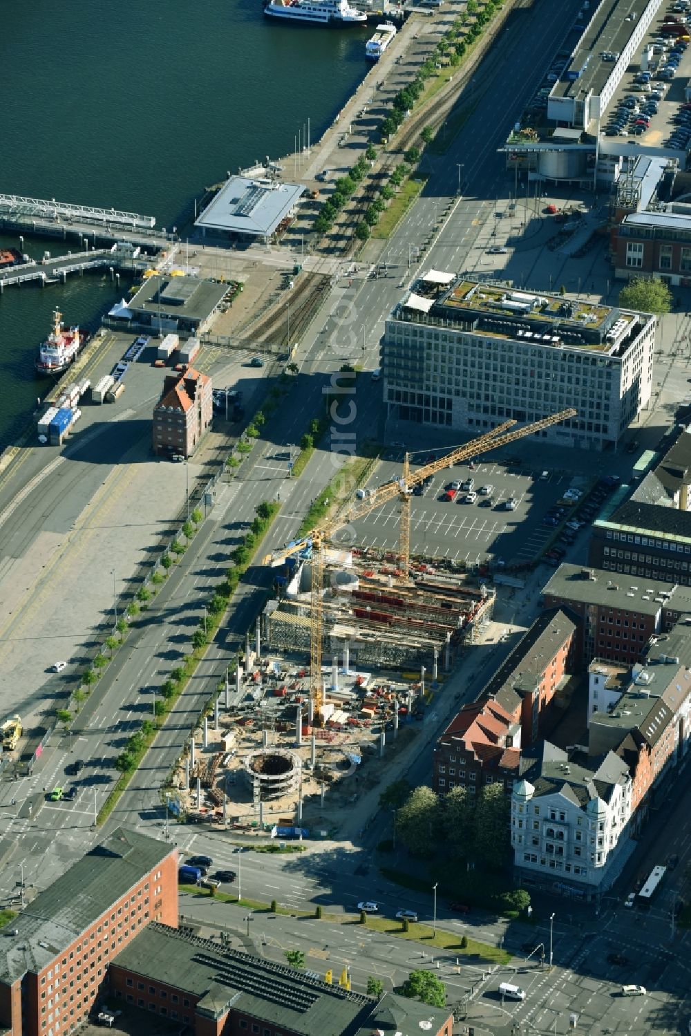 Aerial image Kiel - Construction site for the new building of Zentralen Omnibusbahnhof on Kaistrasse in Kiel in the state Schleswig-Holstein, Germany