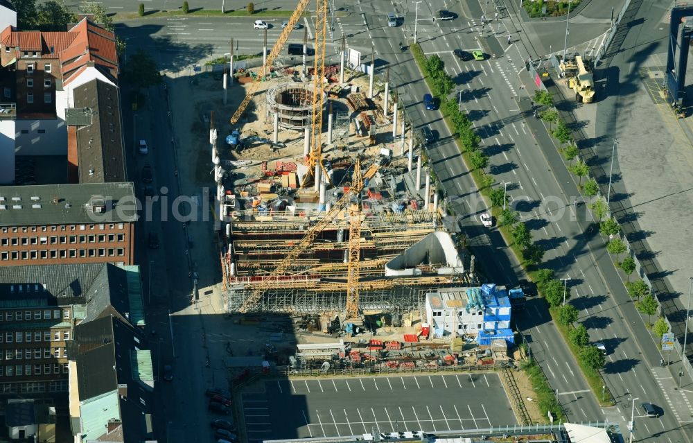 Aerial photograph Kiel - Construction site for the new building of Zentralen Omnibusbahnhof on Kaistrasse in Kiel in the state Schleswig-Holstein, Germany