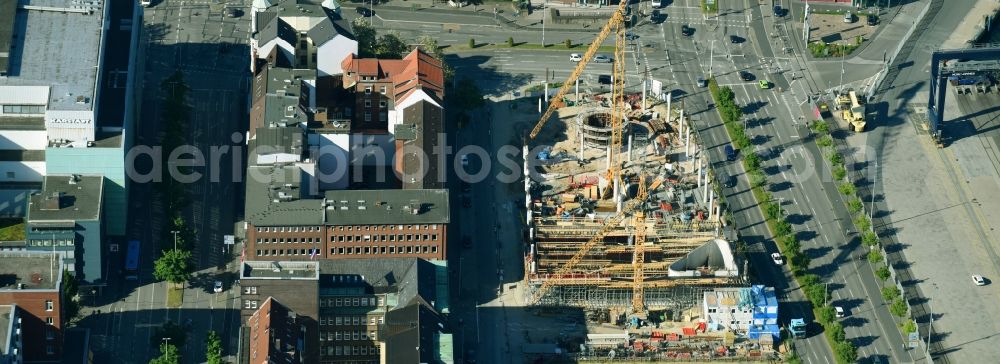 Kiel from above - Construction site for the new building of Zentralen Omnibusbahnhof on Kaistrasse in Kiel in the state Schleswig-Holstein, Germany