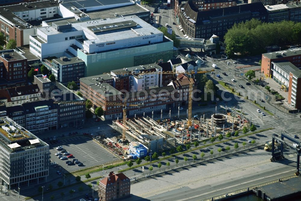 Kiel from above - Construction site for the new building of Zentralen Omnibusbahnhof on Kaistrasse in Kiel in the state Schleswig-Holstein, Germany