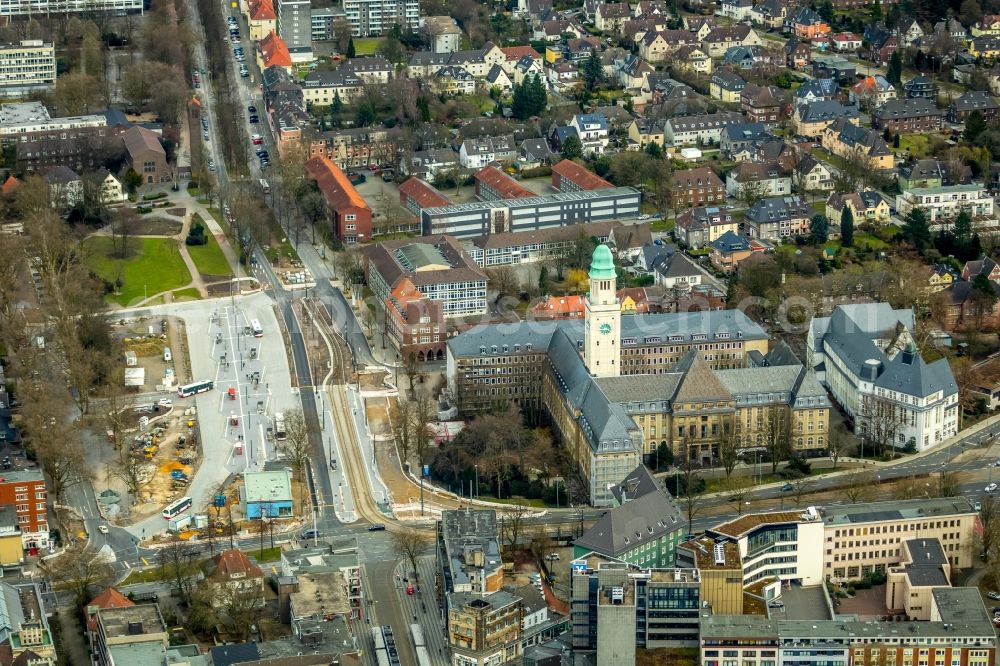 Gelsenkirchen from the bird's eye view: New construction site central Bus Station for Public Transportation on Goldbergstrasse in the district Buer in Gelsenkirchen in the state North Rhine-Westphalia, Germany