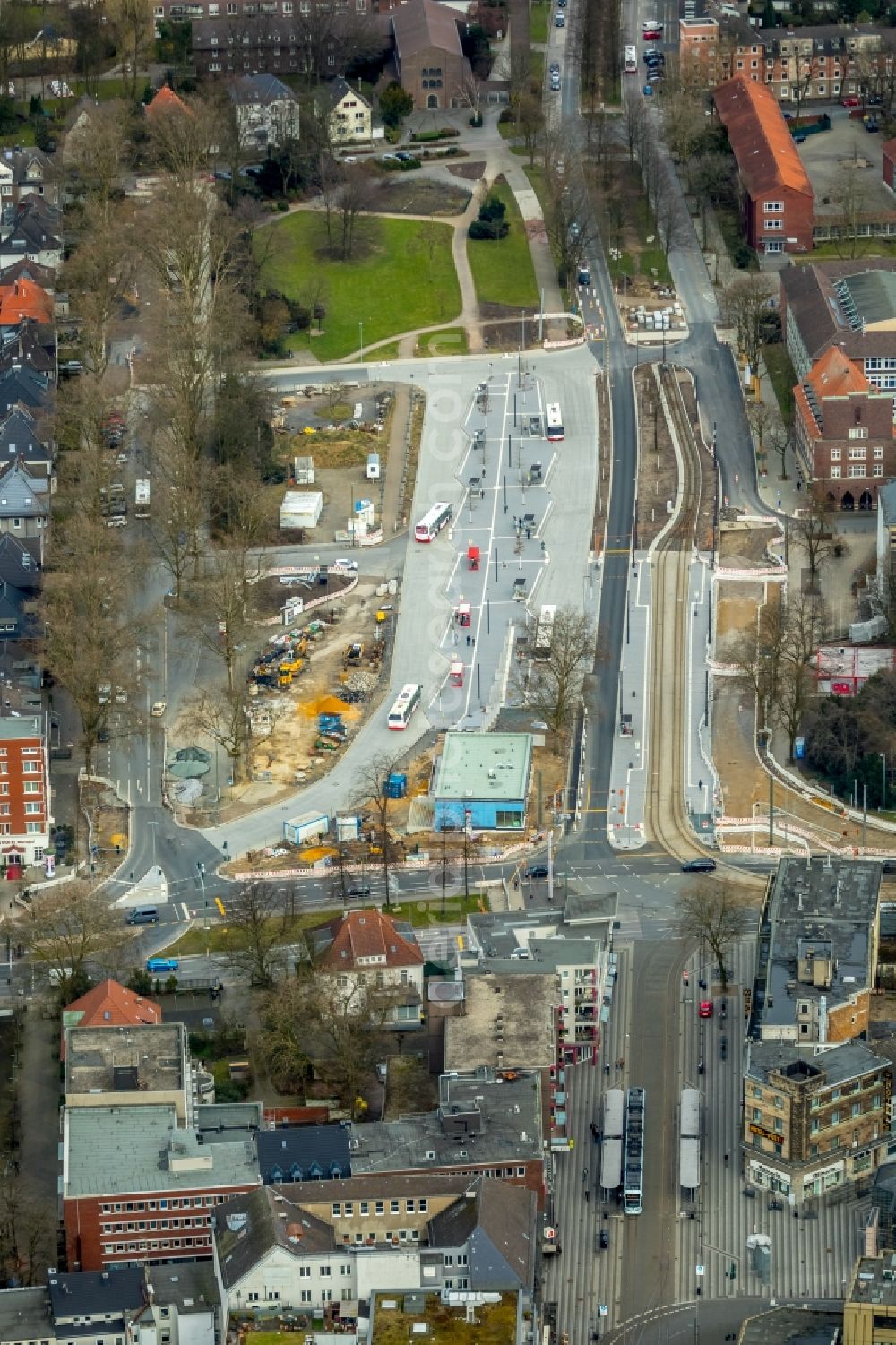 Gelsenkirchen from above - New construction site central Bus Station for Public Transportation on Goldbergstrasse in the district Buer in Gelsenkirchen in the state North Rhine-Westphalia, Germany