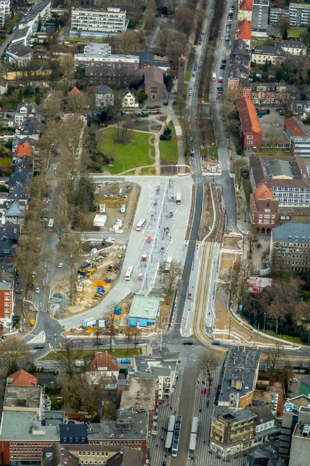 Aerial image Gelsenkirchen - New construction site central Bus Station for Public Transportation on Goldbergstrasse in the district Buer in Gelsenkirchen in the state North Rhine-Westphalia, Germany