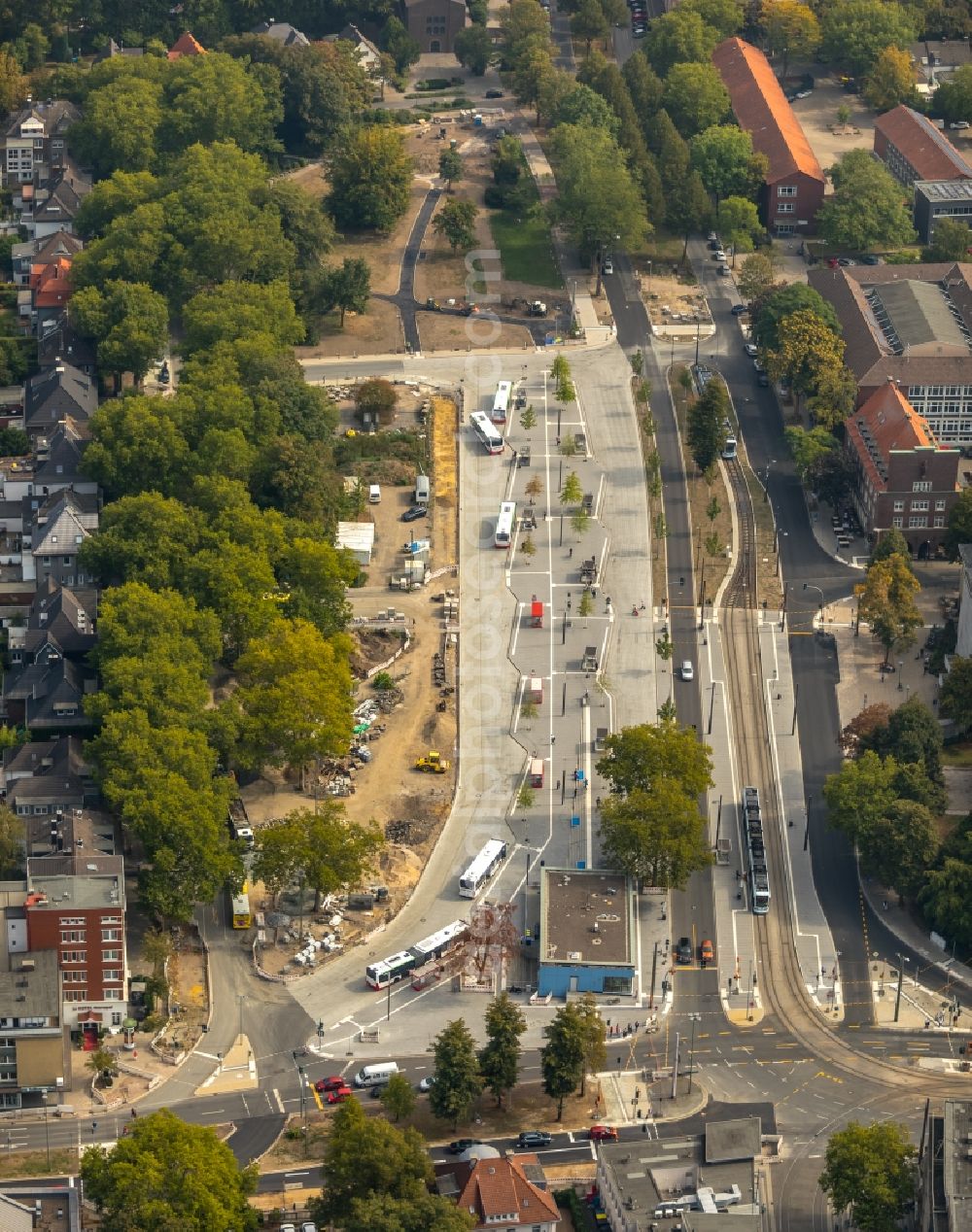 Aerial image Gelsenkirchen - New construction site central Bus Station for Public Transportation on Goldbergstrasse in the district Buer in Gelsenkirchen in the state North Rhine-Westphalia, Germany