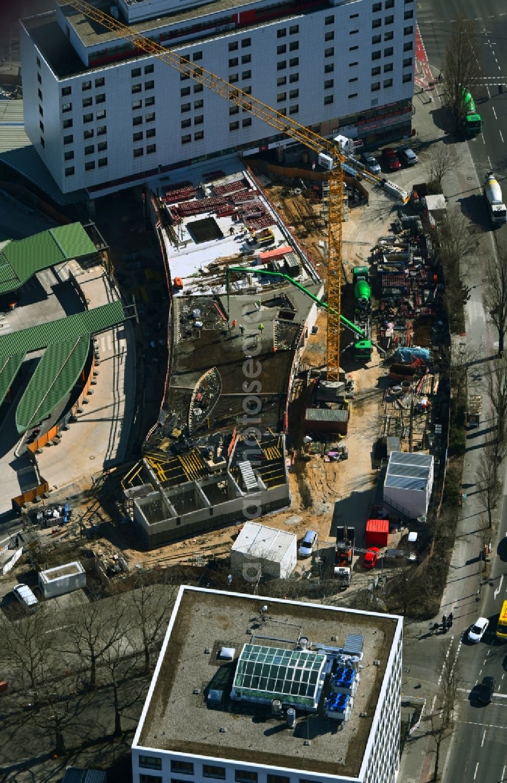 Berlin from the bird's eye view: New construction site central Bus Station for Public Transportation on Masurenallee in the district Westend in Berlin, Germany