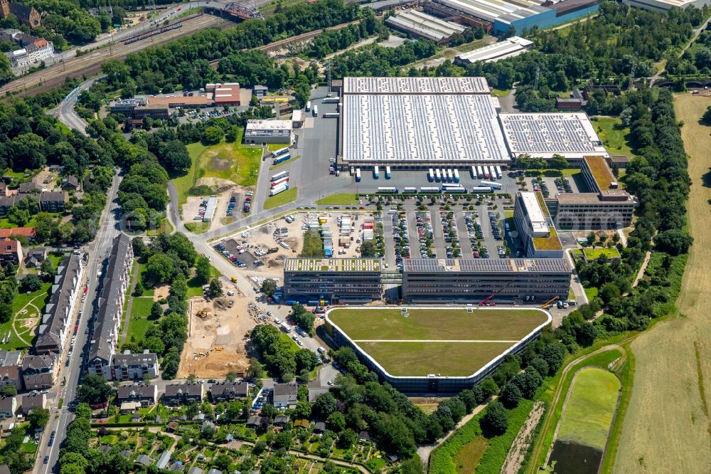 Aerial photograph Mülheim an der Ruhr - Construction site for the extension building of the administrative offices of Aldi-Sued on Burgstrasse in the Styrum part of Muelheim on the Ruhr in the state of North Rhine-Westphalia