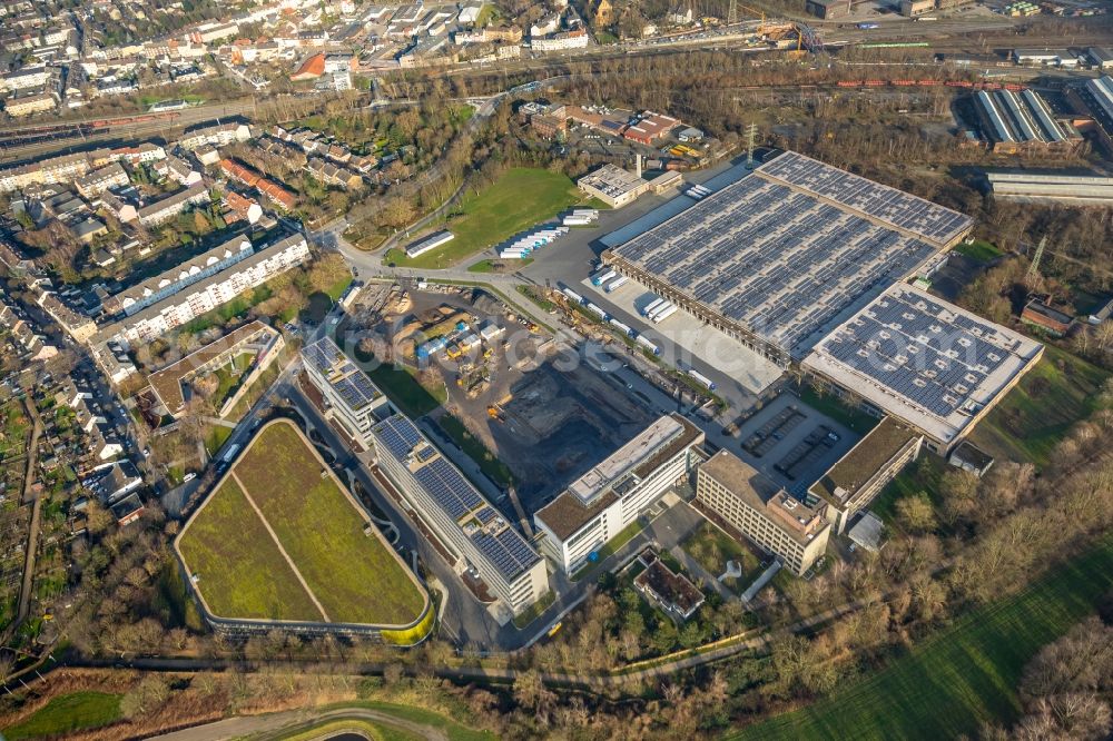 Aerial photograph Mülheim an der Ruhr - Construction site for the extension building of the administrative offices of Aldi-Sued on Burgstrasse in the Styrum part of Muelheim on the Ruhr in the state of North Rhine-Westphalia