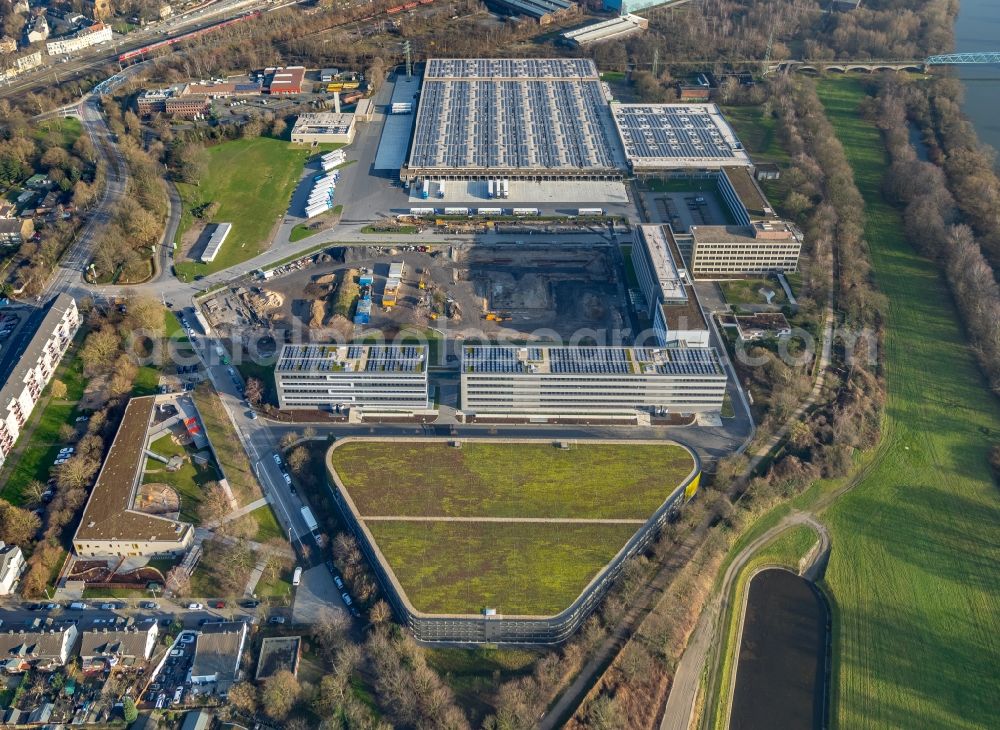 Mülheim an der Ruhr from above - Construction site for the extension building of the administrative offices of Aldi-Sued on Burgstrasse in the Styrum part of Muelheim on the Ruhr in the state of North Rhine-Westphalia