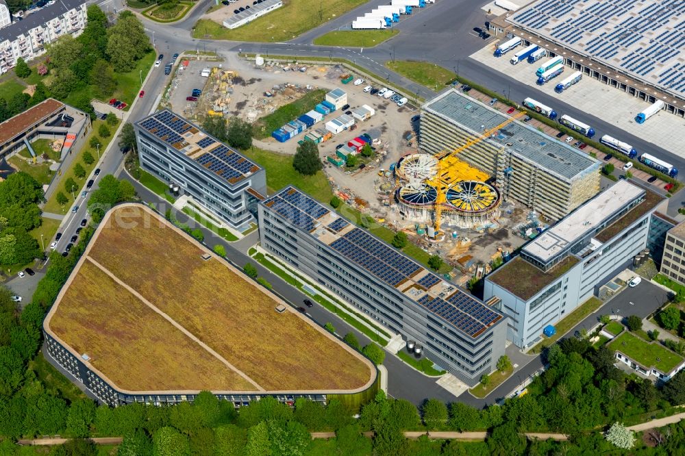 Mülheim an der Ruhr from above - Construction site for the extension building of the administrative offices of Aldi-Sued on Burgstrasse in the Styrum part of Muelheim on the Ruhr in the state of North Rhine-Westphalia