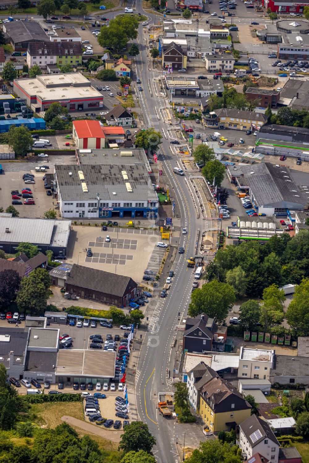 Castrop-Rauxel from the bird's eye view: Construction site for the new building and extension of the road of Herner Strasse in the district Castrop in Castrop-Rauxel at Ruhrgebiet in the state North Rhine-Westphalia, Germany