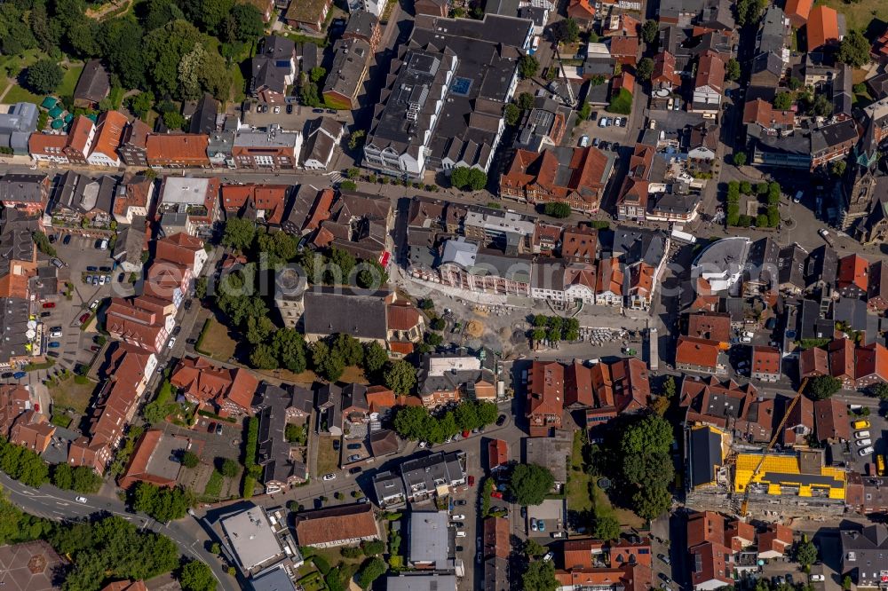 Ahlen from above - Construction site for new construction for the rehabilitation of the sewage system at the market in Ahlen in the federal state of North Rhine-Westphalia, Germany