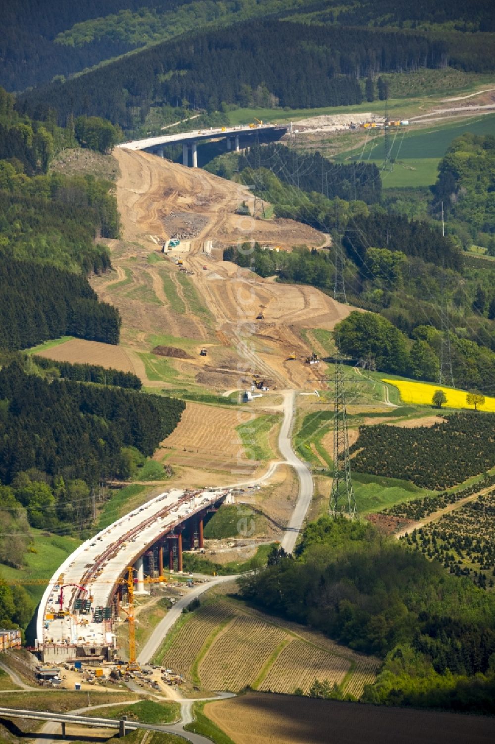 Aerial photograph Bestwig - Construction site for the new building of the A46 between Meschede and Bestwig Olsberg with bridges in the state North Rhine-Westphalia