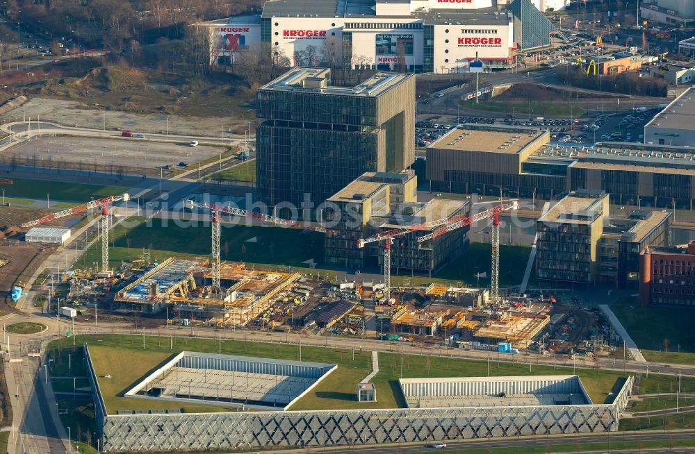 Aerial image Essen - Construction on the new building section on the site of Krupp Belt, the head office of the group ThyssenKrupp in Essen, North Rhine-Westphalia NRW